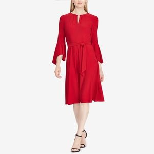 Red Bell Sleeve V Neck Below The Knee A-Line